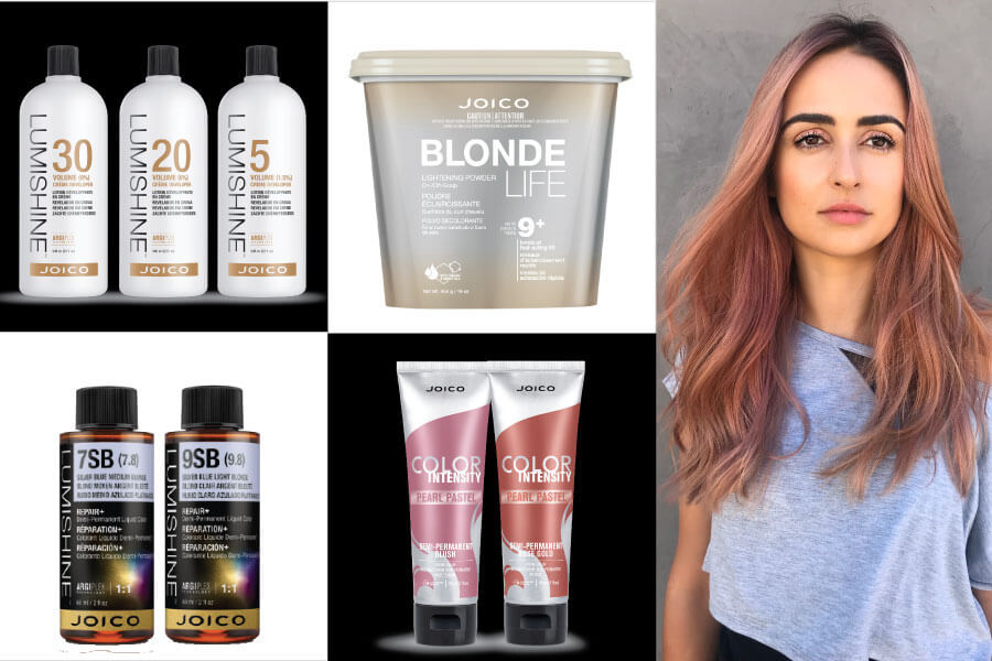 Pink hair color model after and LumiShine, Color Intensity, and Blonde life products used