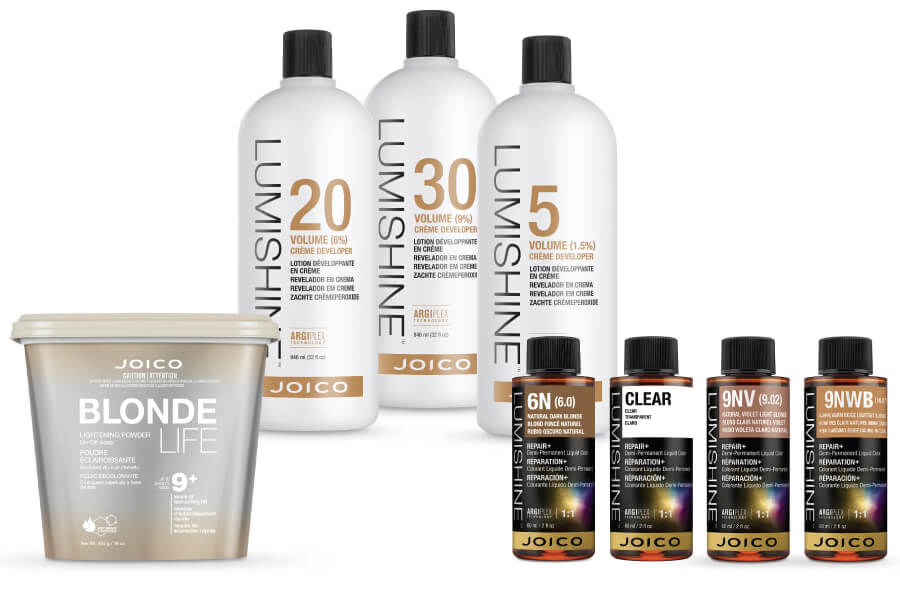 Lumishine Developer, and liquid hair color bottles
