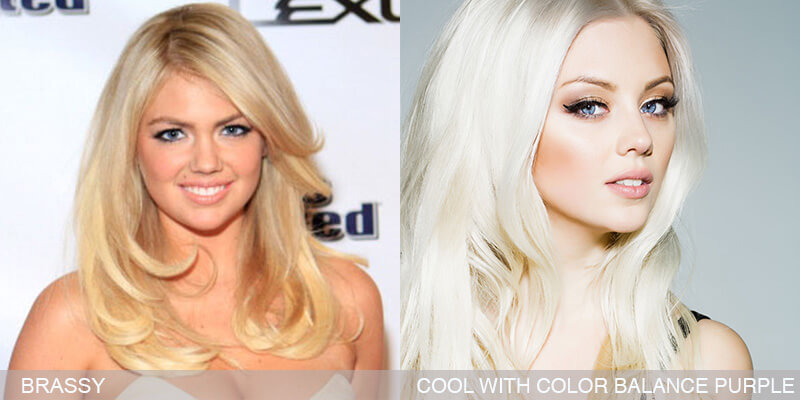 Pro Hair Color: Blonde Hair With Brassy Tone and Hair After Using Color Balance Purple Shampoo