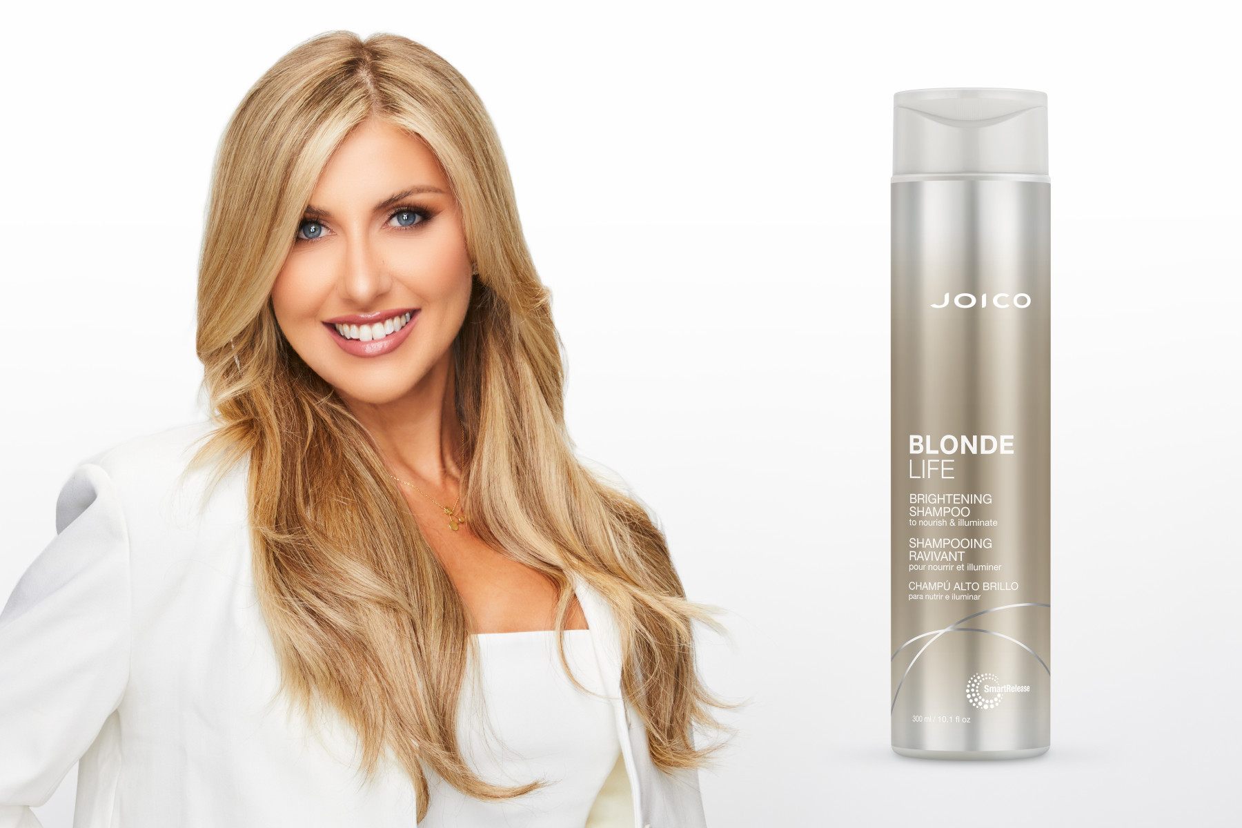 blonde life brightening shampoo and model