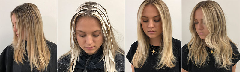 Pro Hair Color: Bayalage hair on model before during and after