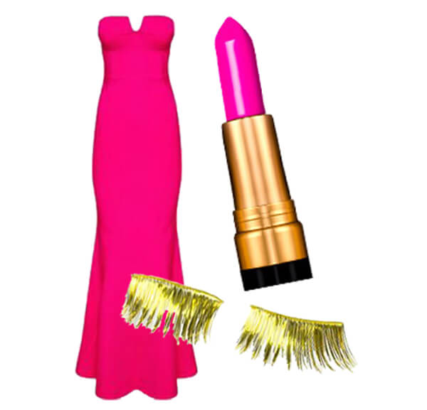 Hot Pink dress with pink lipstick and gold eyelashes
