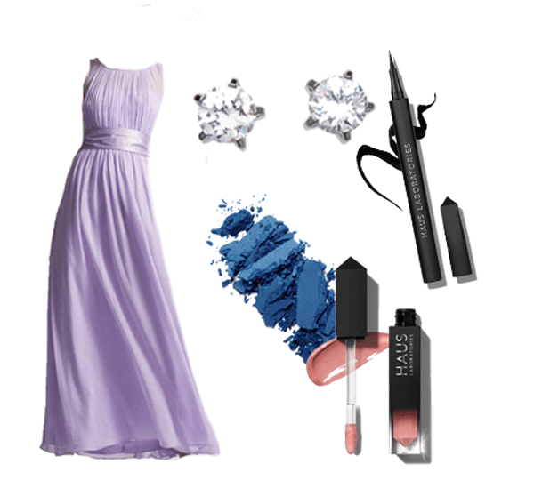 Purple floor length gown with makeup swatches