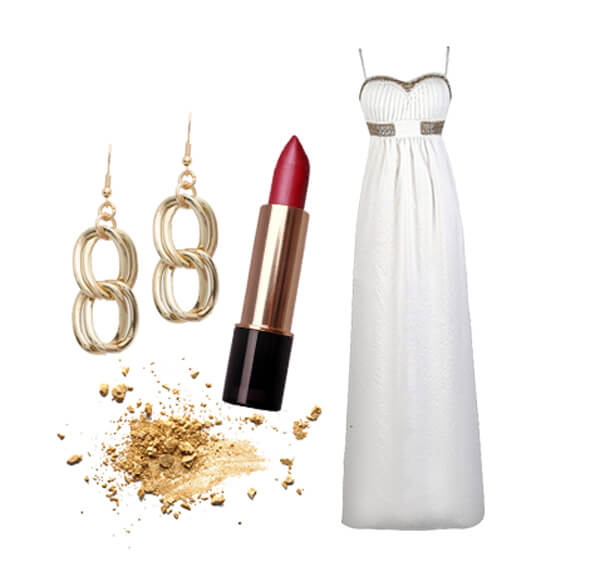 White floor length gown with red lipstick and earrings