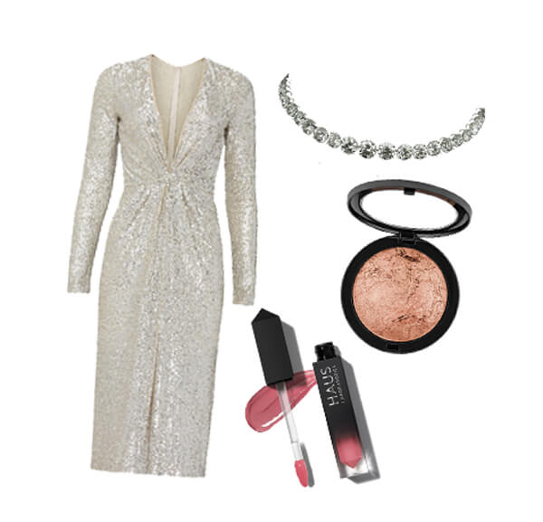 Beautiful gold gown with pink lipstick to match