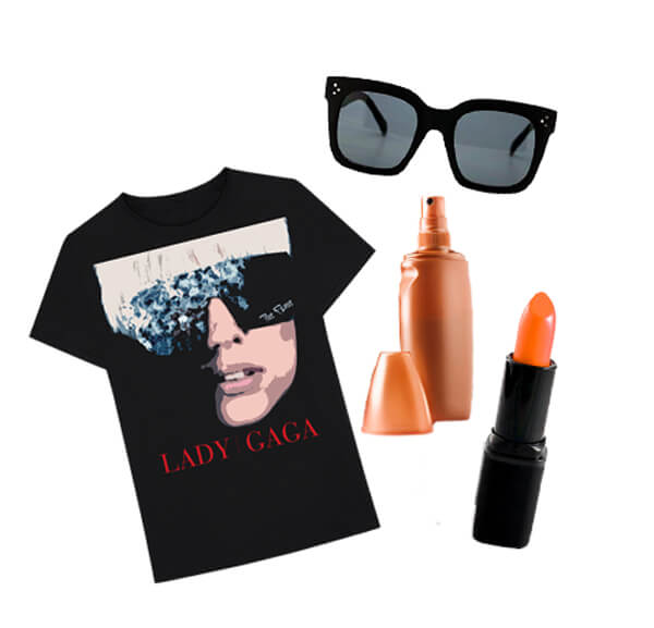 Lady Gaga loose T-shirt with sunglasses and lipstick