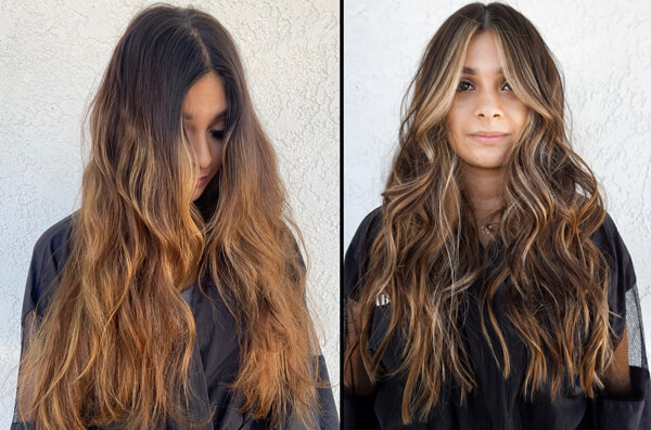 Brunette with carmel highlights before and after coloring
