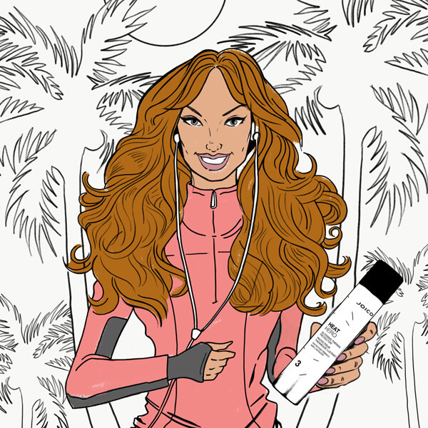 illustrated model with heat hero hair product