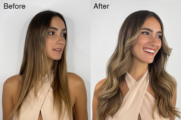 before and after of hair model with straight hair then curly