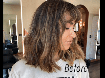 Woman showing before and after pictures of hair transformation