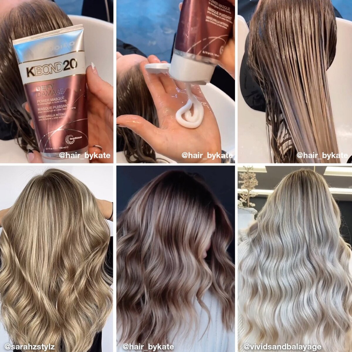 various images of kbond application and back of model's hair