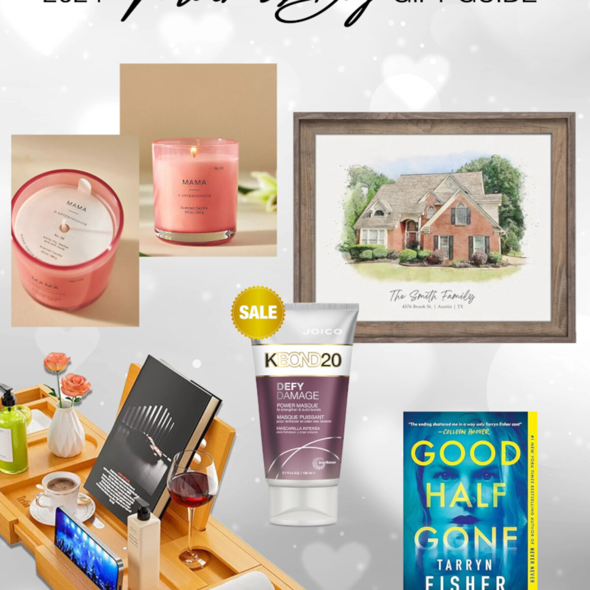 mothers day graphic with items: candle, portrait, tray, kbond20, and novel