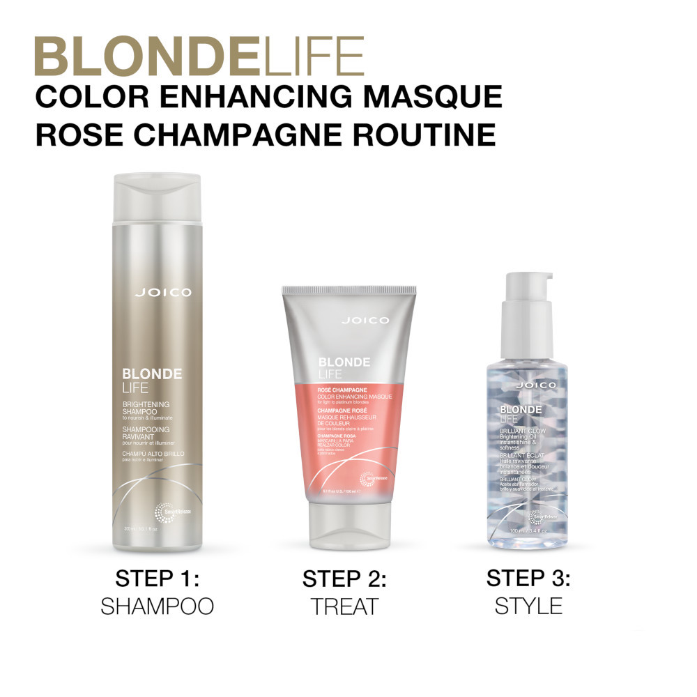 blonde life rose champagne color masque routine with steps, shampoo, treat, style