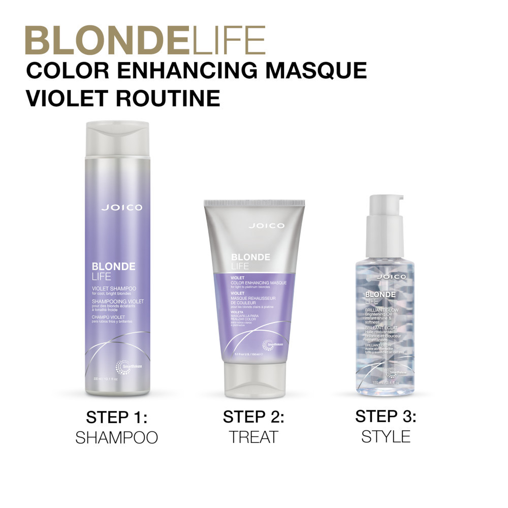 blonde life violet color masque routine with steps, shampoo, treat, style